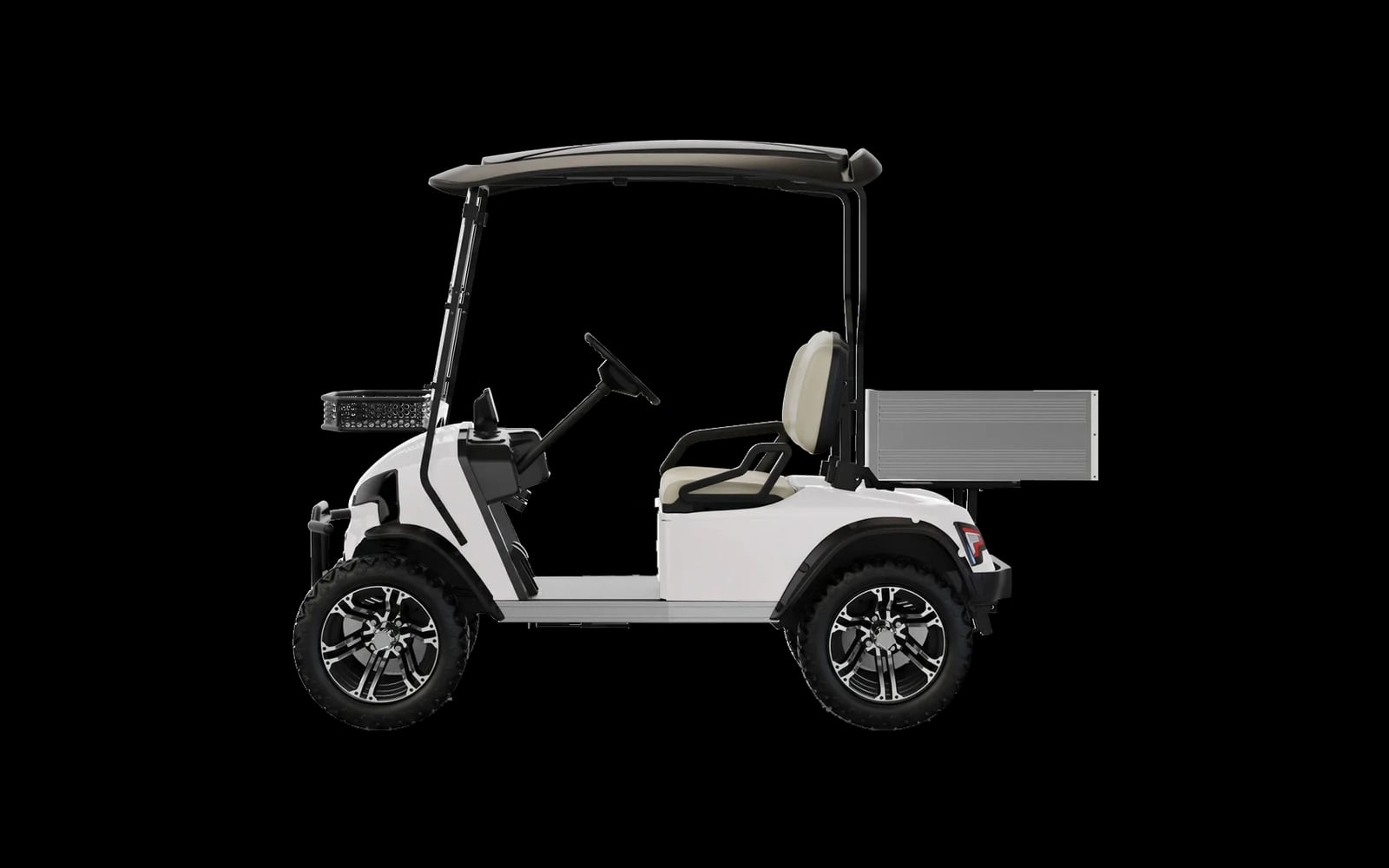 White lifted 2 seater electric buggy, side view showing the raised chassis and all terrain tyres