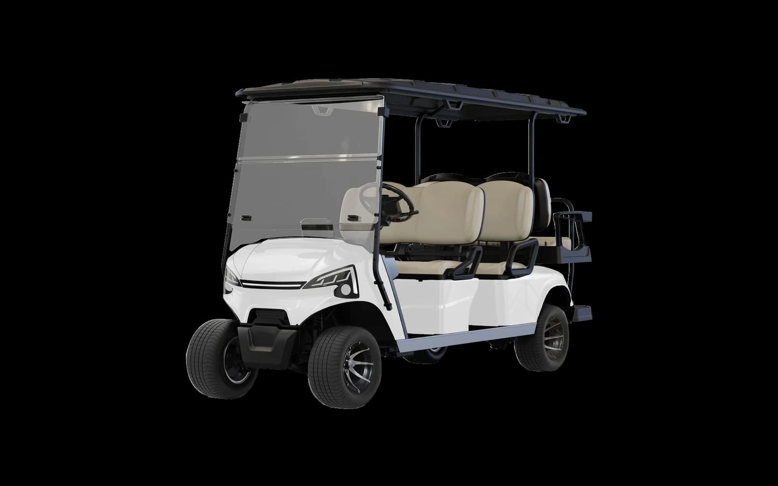 White 6 seater electric golf buggy with a rear flip seat, front three quarter view