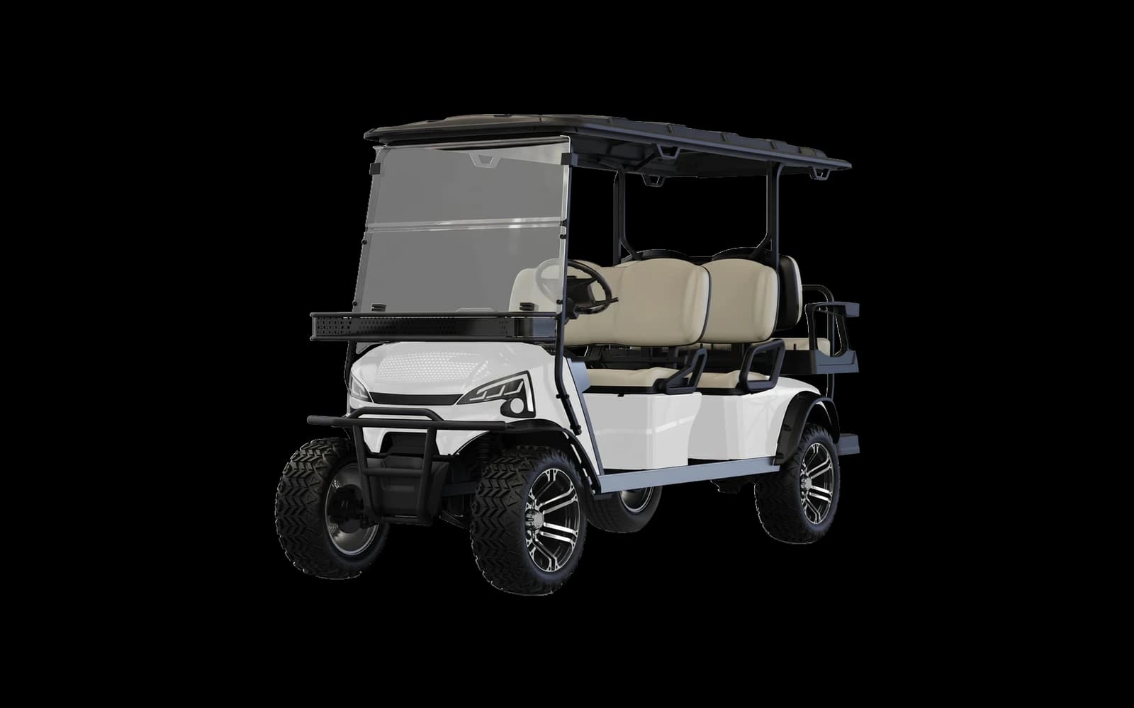 White lifted 6 seater electric buggy with a rear flip seat, front three quarter view on all terrain tyres