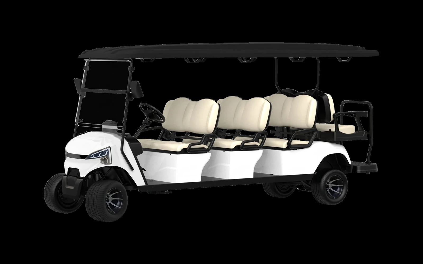 White 8 seater electric golf buggy with a rear flip seat, front three quarter view showing three forward benches