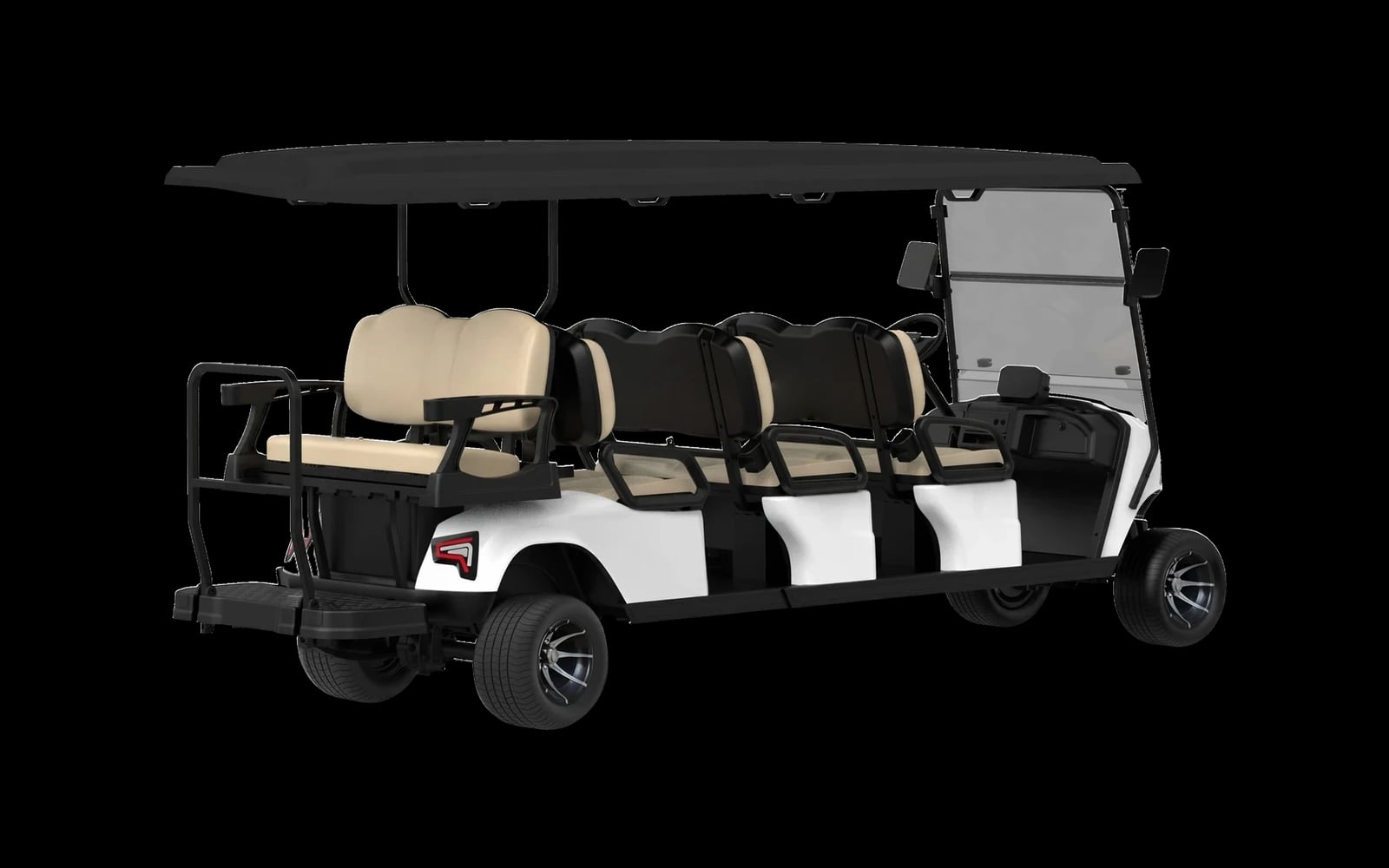 White 8 seater electric golf buggy, rear three quarter view showing the backward facing flip seat