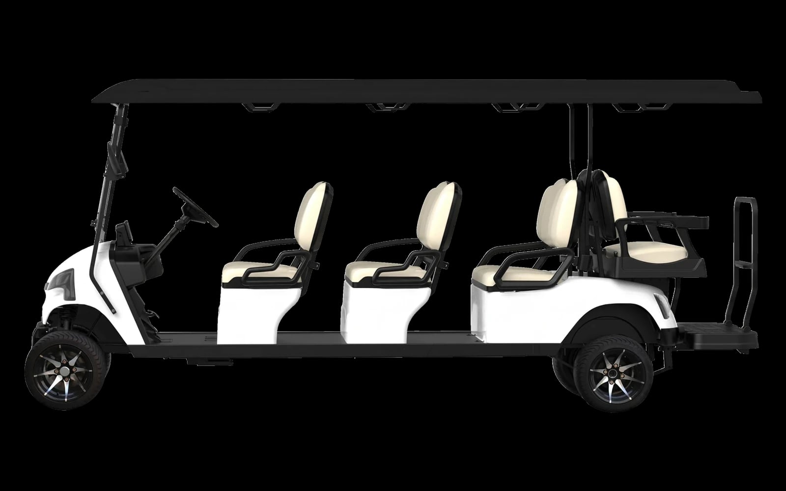 White 8 seater electric golf buggy, side view along its full length showing the seating