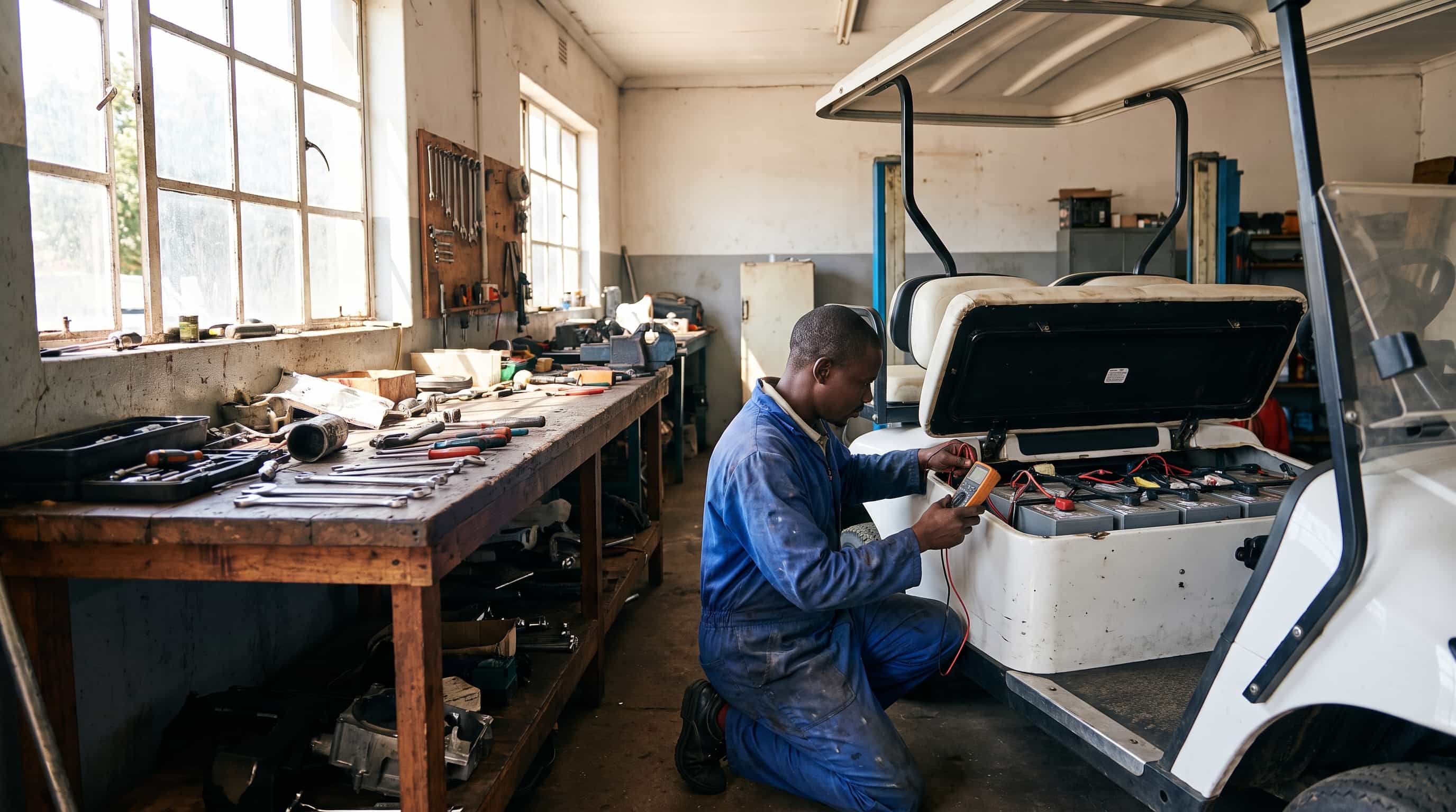 Technician testing the battery bank of a white electric golf buggy with a multimeter, the rear seat lifted, in a repair workshop