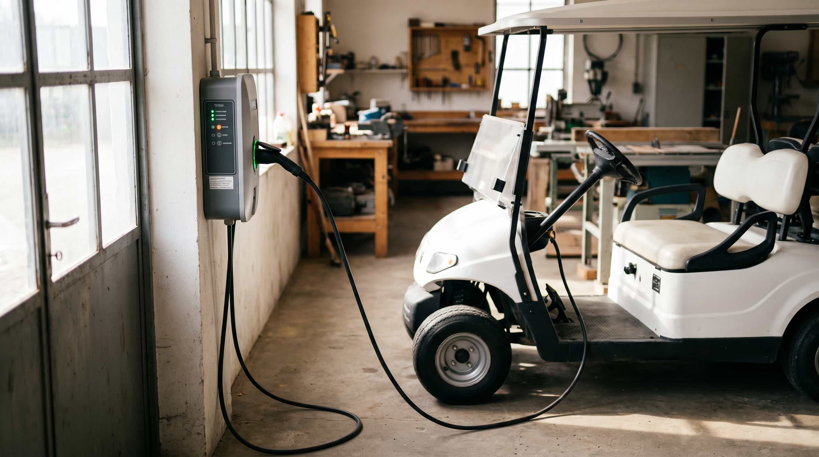 White electric golf buggy plugged into a wall-mounted charger unit in a workshop
