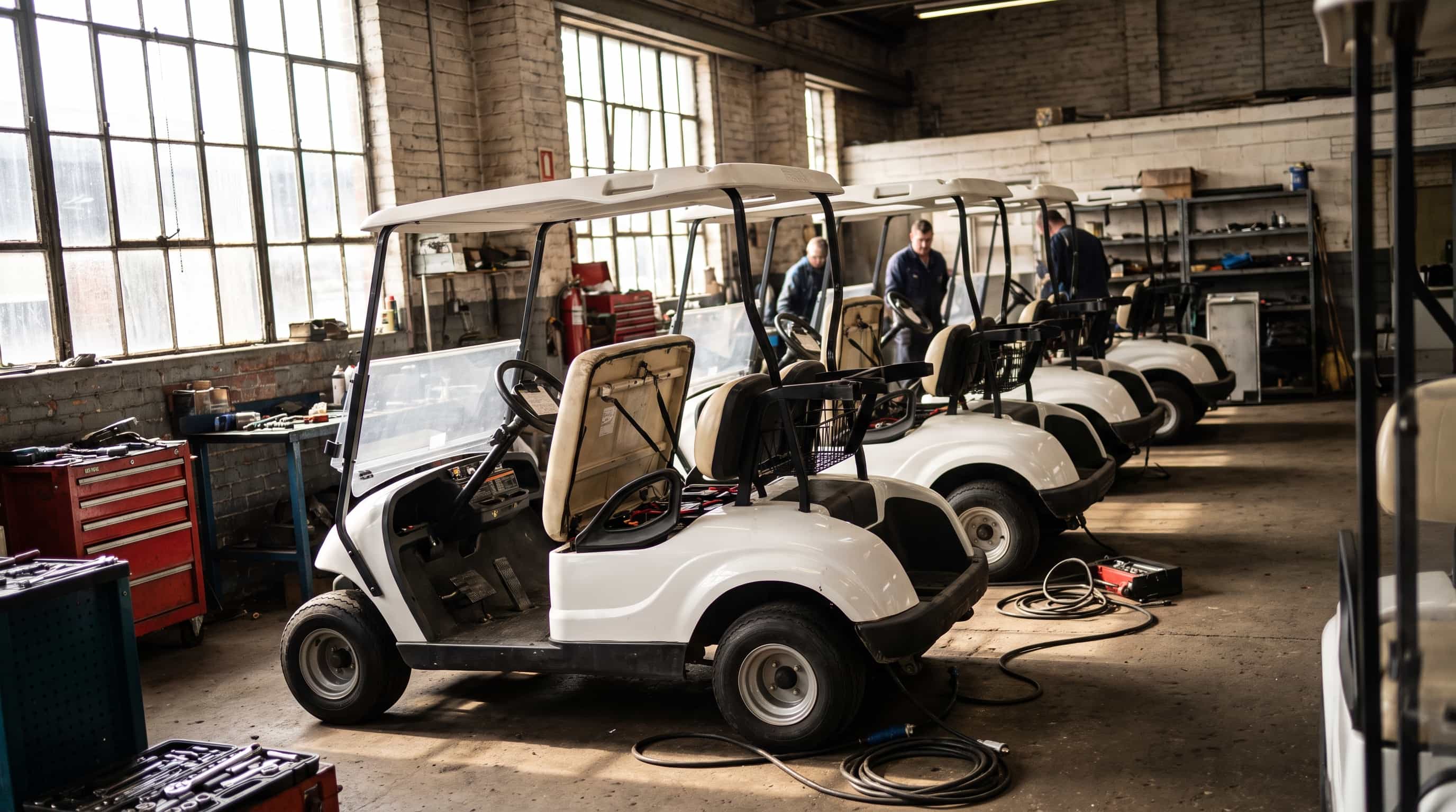 Row of white electric golf buggies in a maintenance workshop, some with their seats lifted