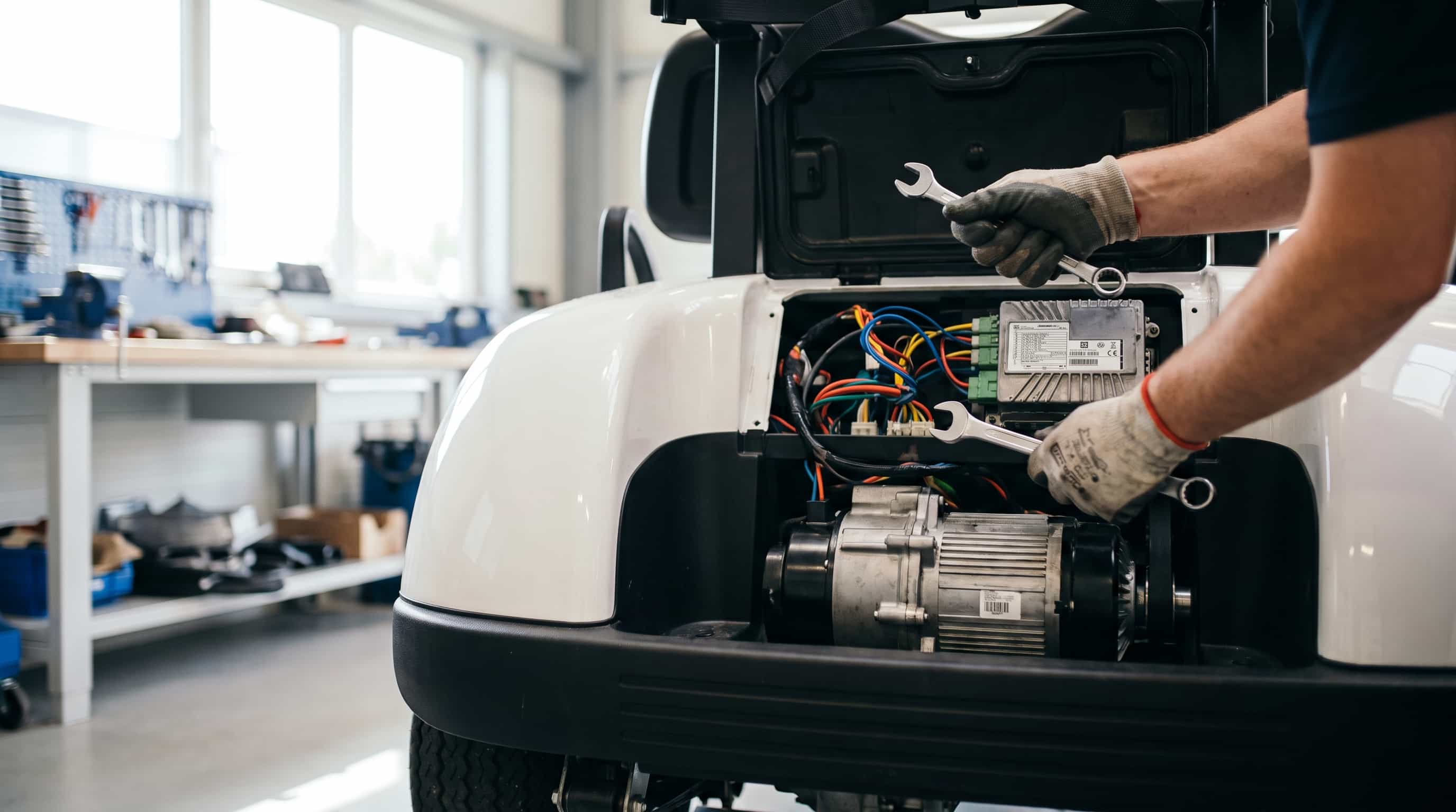 Rear of a white electric golf buggy opened for service, showing the motor, controller and wiring