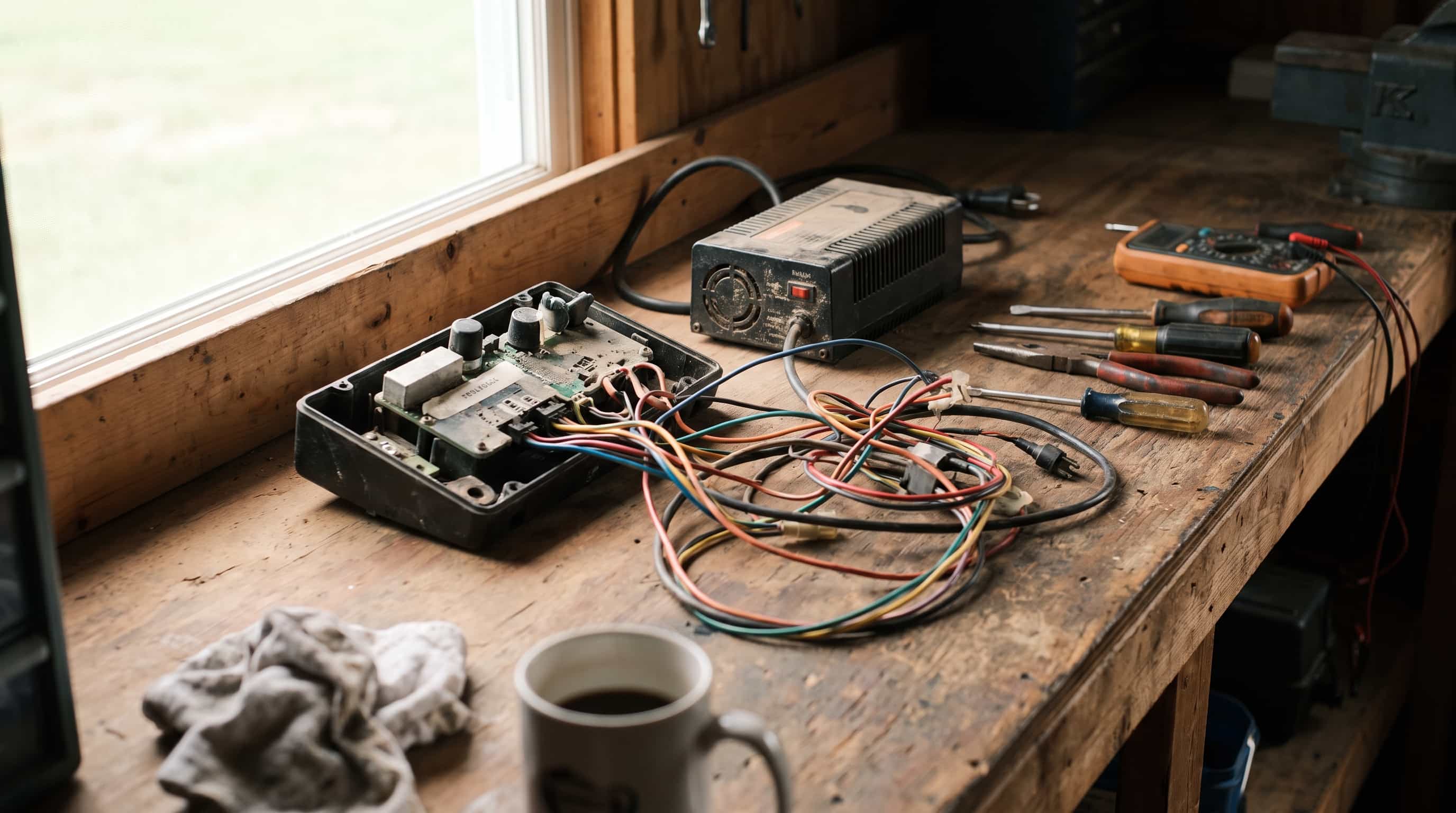 Golf buggy controller, charger and wiring loom laid out on a workshop bench with hand tools