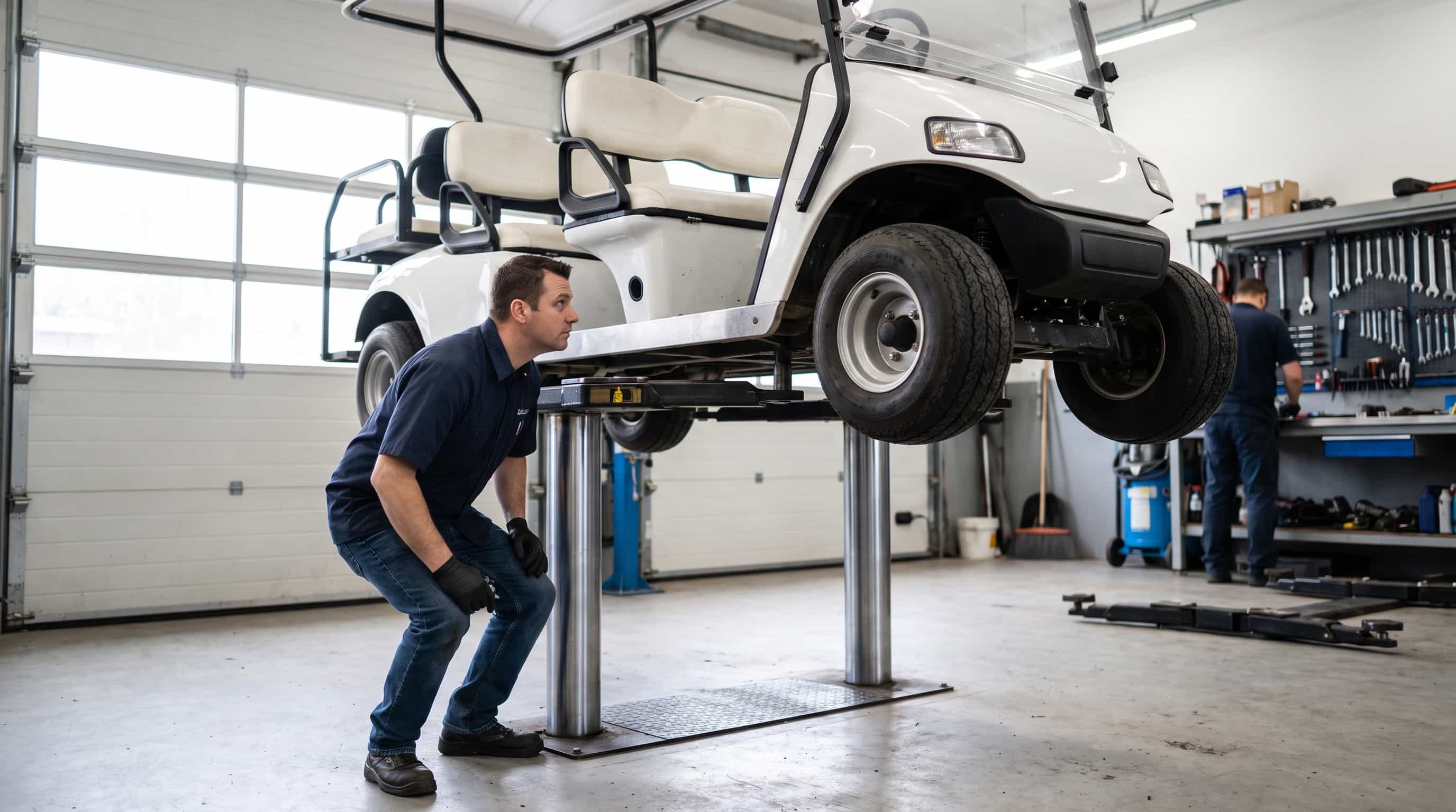 White electric golf buggy raised on a workshop ramp for a service