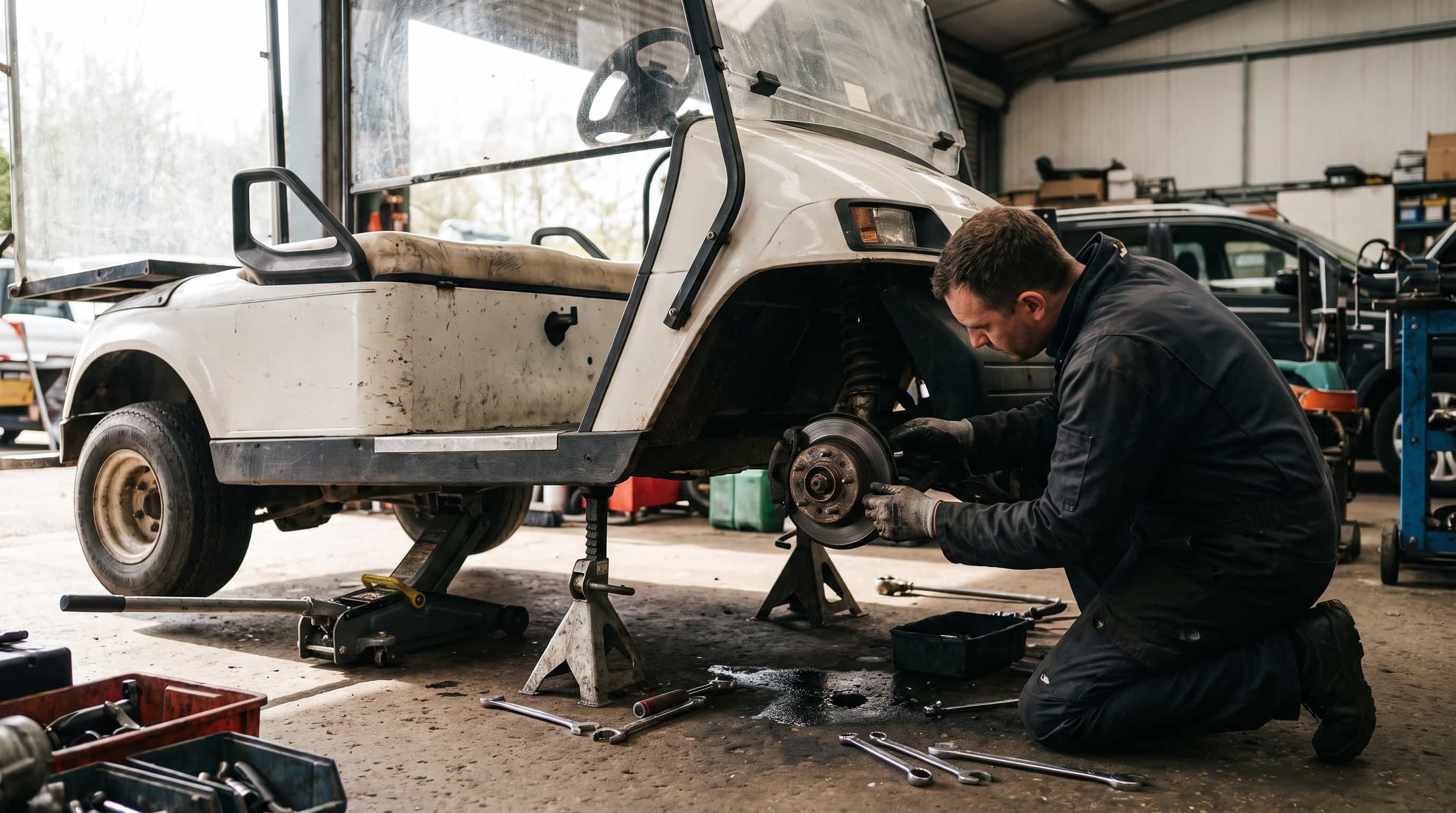 White electric golf buggy on axle stands with a front wheel removed while a technician works on the brake