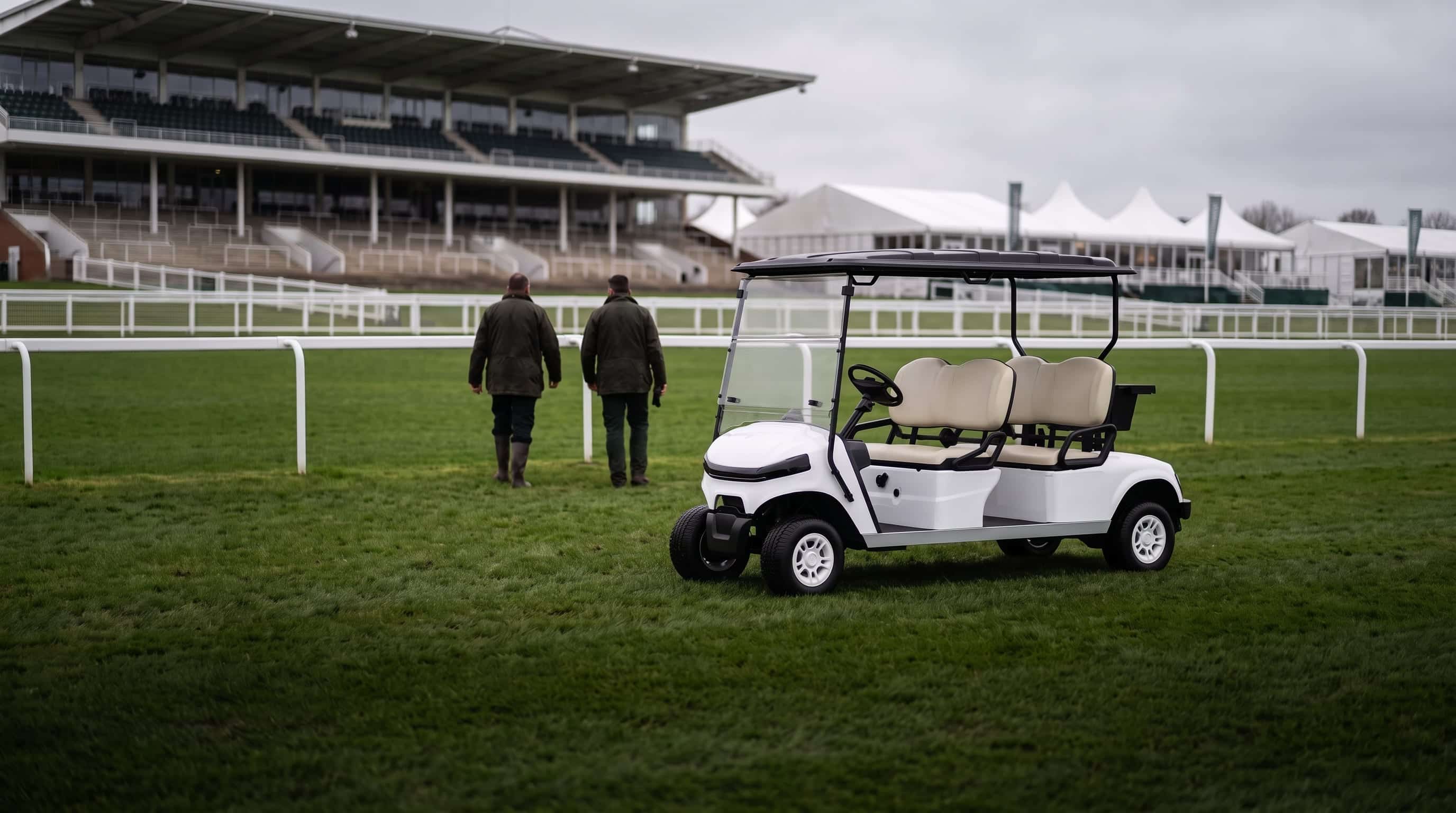 White four seater electric golf buggy on the turf inside the white running rails of a racecourse, two groundsmen walking towards the grandstand